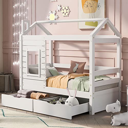 KecDuey Kinderbett Jugendbett 160x80 mit Rausfallschutz?vielseitig es Holz Hausbett für Jungen & Mädchen?Massivholz Kinder Bett mit Rausfallschutz Fenster und Lattenrost, Weiß