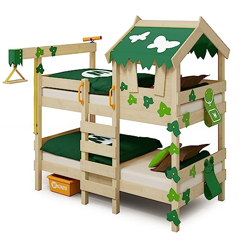 Wickey Etagenbett Crazy Ivy Spielbett für 2 Kinder Hochbett aus Massivholz mit Dach, Kletterleiter Lattenboden & Spielzeugzubehör, Plane - grün/apfelgrün, 90x200
