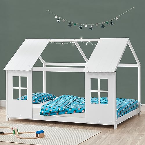 [en.casa] Kinderbett Tostedt Hausbett Jugendbett Bettenhaus Spielbett Halboffenes Design Montessori Bett aus massiver Kiefer Bettgestell Holz 120x200cm Weiß