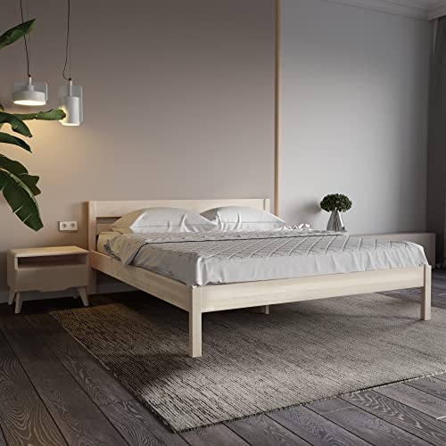 Hansales Holzbett 180x200 cm Kaja Scandi Style mit Rollrost aus unbehandeltem hartem FSC® Birken Massivholz - über 350 kg - Doppelbett Bettgestell mit Kopfteil - Ehebett