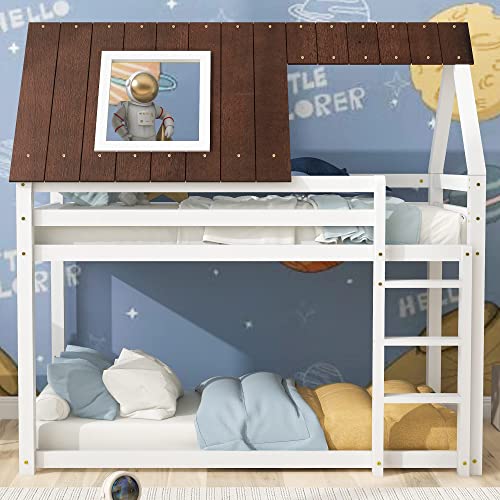 Hausbett Etagenbett mit Treppe für 2 Kinder - Vielseitiges Kiefernrahmen, Kinderbett Spielbett für Jungen & Mädchen - Massivholz Kinder Bett mit Rausfallschutz und Lattenrost - 90x200 cm, Weiß