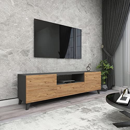 [en.casa] TV Schrank Torsby TV Board Wohnzimmer TV Lowboard mit 3 Türen Fernsehtisch Anthrazit Eiche-Optik Kommode