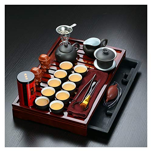 SUNESA Teekannen Set Yixing lila Lehm Kungfu Tee Set Massivholz Tee Tablett Teekanne und Teetasse Lunchbox Chinesische Teezeremonie Teeservice (Color : A)
