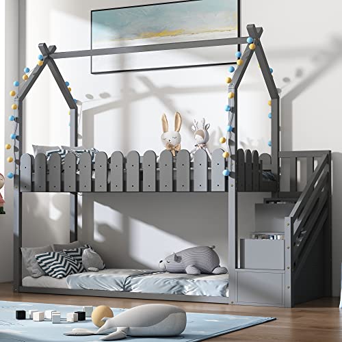 Mingfuxin Hausbett Kinderbett Massivholz Etagenbett mit 3 Treppe, 2 Schubladen, Zaun Rausfallschutz Kinderbett(Grau)