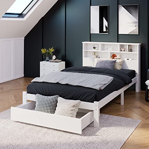 FEZTOY Einzelbett mit Schrank, 2022 Neu jugendbett mit Bücherregal & Unterbettschublade, weiß Bett mit Regalwand, Funktionsbett, Kinderbett, Jugendbett, Bettliege (90x200CM)