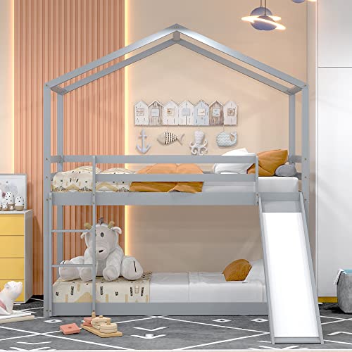 KecDuey Kinderbett Hausbett, Niedriges Etagenbett mit Rutsche, Massivholz-Etagenbettrahm en mit Lattenrost 90 x 200 cm (Grau)