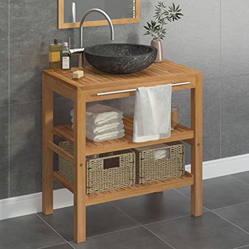 Waschtisch Massivholz Teak Marmor 2 Körben Badtisch Regal Aufsatzwaschbecken Badmöbel Unterschrank Badschrank für Badezimmer Waschraum