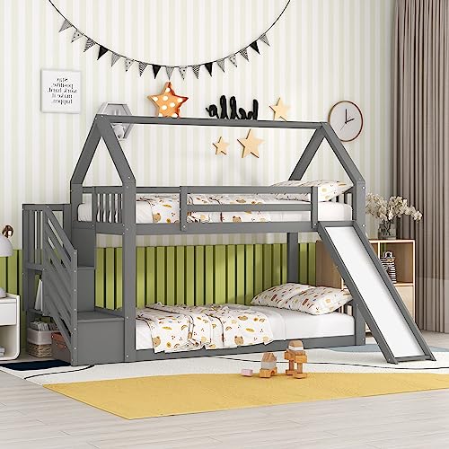 Oyemige Kinderbett Etagenbett 90x200cm, Hochbett Kinder mit Rutsche und Stauraumtreppe, Stockbett Für 2 Kinder, Massivholz Hausbett, Etagenbettrahmen, Spielbett, Jugendbett,Ohne Matratze (Grau)