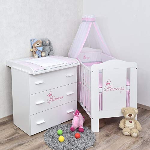 Baby Delux Babyzimmer Komplettzimmer Set Babybett Kommode weiß Bettset Princess