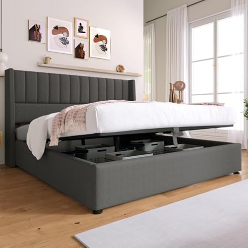 KUAKE Doppelbett 180x200cm, Stauraumbett Polsterbett Hydraulisch Funktionsbett, Lattenrost aus Holz, Bett mit Lattenrost aus Metallrahmen, Leinen (Grau, 180x200cm)