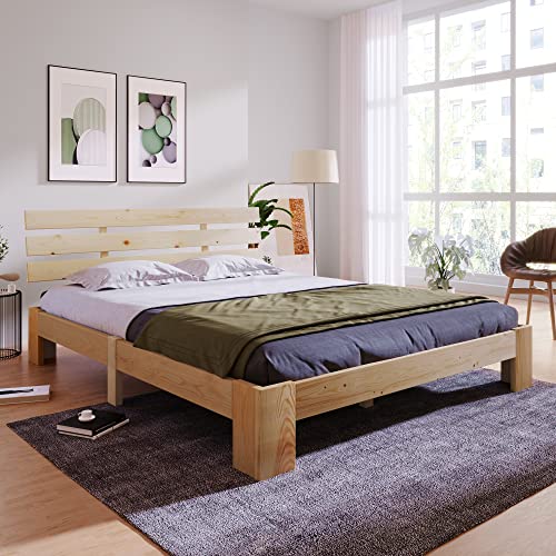 Merax Holzbett Doppelbett mit Kopfteil aus Bettgestell mit Lattenrost- Massivholz FSC Massiv Doppelbett als Kieferbett verwendbar (Braun, 200 x 140 cm)