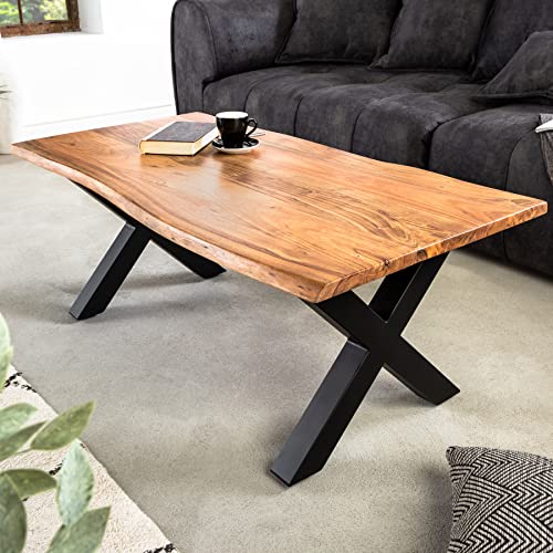 riess-ambiente.de Massiver Couchtisch Mammut 120cm Akazie Natur mit X-Gestell schwarz Kaffeetisch Holztisch