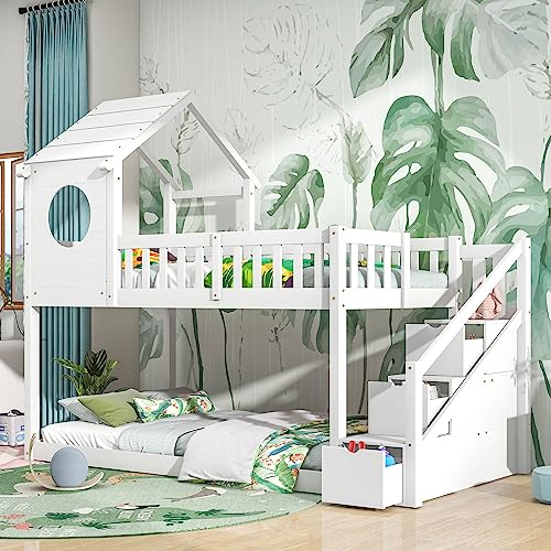 FEZTOY Baumhaus Kinderbett 90 x 200 mit 3 Treppe & Schubladen, Hochbett für 2 Kinder mit Rausfallschutz,Etagenbett ,Massivholz Funktionsbett,Jugendbett, Hausbett,Stockbett, Keine Matratze