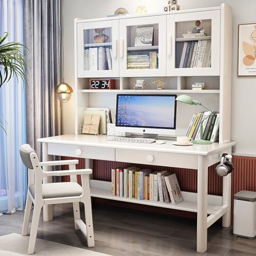 AAMNA Massivholz-Schreibtisch mit Schubladen und Bücherregal, Studententisch/Arbeitspla tz mit Glastür für das Heimbüro (39  B x 73  H x 24  T, weiß)