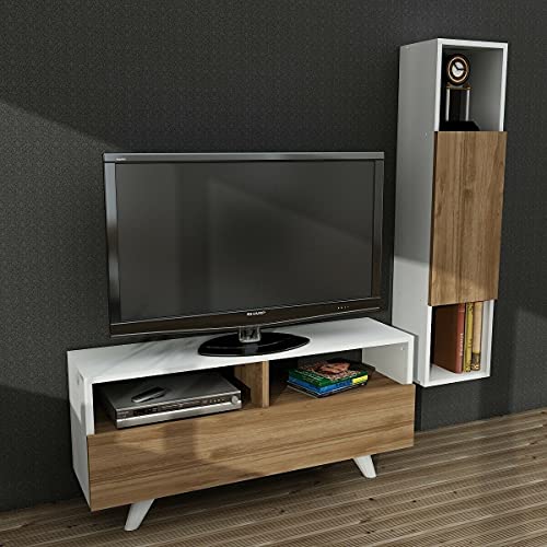 ADHW Fernsehschrank Holz Wohnwand Weiß Wohnzimmerschrank modern TV Lowboard Holz Schrankwand massiv