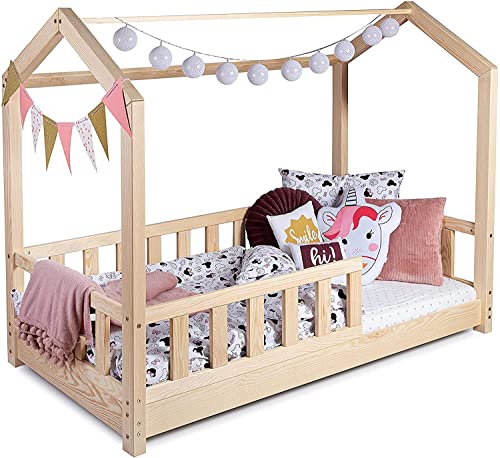 Sanmar Kinderbett Bett Hausbett 120x200 mit Rausfallschutz Latternost Bettgestell aus Kiefer Holz für Haus Kinder Jungen & Mädchen - Holzbett Baby Kinderzimmer Junge Deko (Rausfallschutz: MIT)