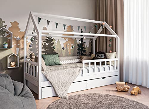 RIVERBANK Kinderbett 90x200 mit Rausfallschutz - Kinder Hausbett aus Kiefer Holz mit Schubladen & Rollrost | Stabiles Haus Bett für Mädchen & Jungen | 90 x 200 cm Jugendbett Massivholz Weiß