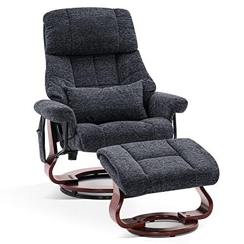 M MCombo Relaxsessel mit Hocker, Drehbare Fernsehsessel mit Liegefunktion, Moderner TV-Sessel Stuhl für Wohnzimmer, mit Kissen & Seitentasche, ohne Massagefunktion, Stoff, 9066 (dunkelgrau)
