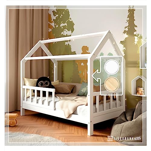 RIVERBANK Kinderbett 80x160 mit Rausfallschutz - Kinder Hausbett aus Kiefer Holz mit Rollrost | Stabiles Haus Bett für Mädchen & Jungen | 80 x 160 cm Jugendbett Massivholz Weiß