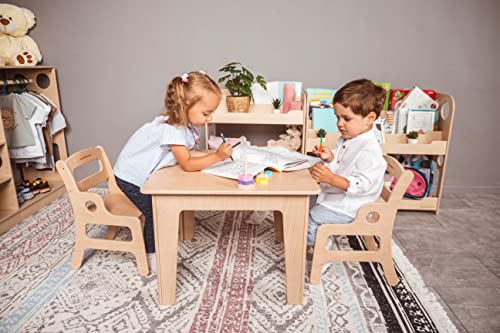 Woodandhearts Montessori-Set aus Tisch und Stuhl für Kleinkinder – Lerntisch mit Stühlen – umweltfreundlicher Schreibtisch mit Hockern für Kinder (Höhe 0 – Tisch + 2 Stühle Kiddo)