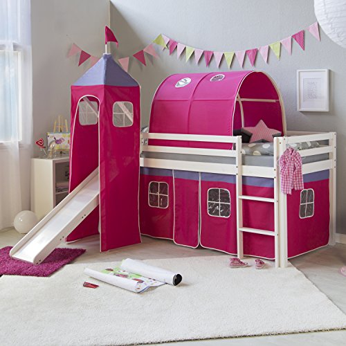 Homestyle4u 539, Kinder Hochbett Mit Rutsche, Leiter, Turm,Tunnel, Vorhang Pink, Massivholz Weiß, 90x200 cm
