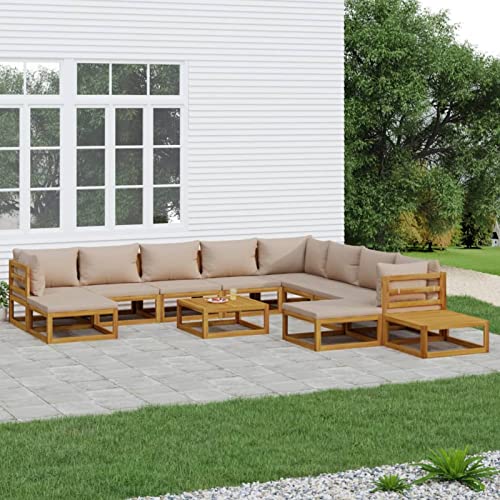 JUNZAI 12-TLG. Garten-Lounge-Set mit Taupe Kissen, Gartenmöbel, Balkonmöbel, Gartenlounge, Terassenmöbel Außen, Loungemöbel Balkon, Gartengarnitur, Massivholz