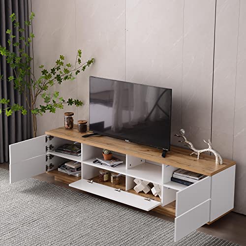 KecDuey Moderner Colorblocking-TV-Schrank Hochglanz-Oberfläche TV-Schrank mit Holzmaserung 180cm (Holzfarbe)