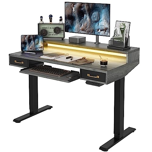 FEZIBO Stehtisch mit 2 Schubladen & Tastaturablage, 120 x 60 cm Sitz-Steh-Schreibtisch mit Monitorständer & LED-Streifen, Rustikal Grau