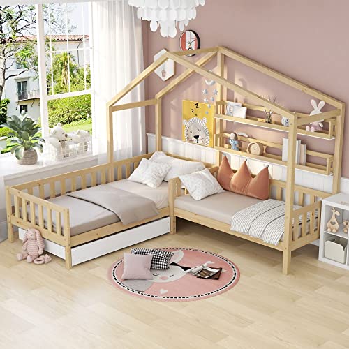 Kinderbett Hausbett 90x200, Spielbett für 2 Kinder Doppelbett, für Jungen & Mädchen Massivholz Kinder Bett mit Schublade und Lattenrost