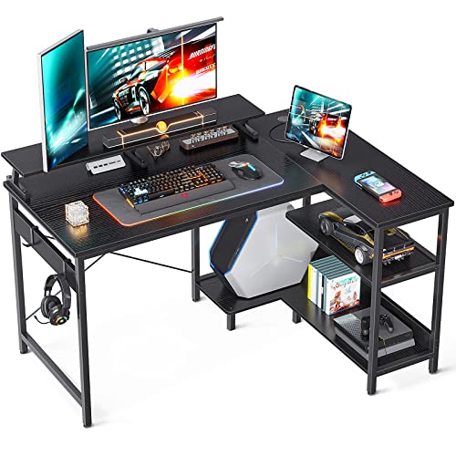 ODK Eckschreibtisch Schwarz, L Förmiger Schreibtisch mit Regal Reversibel, Gaming Tisch L Form mit Langer Monitorständer, Computertisch L Form PC Tisch Bürotisch für Heimbüro, 120x80x88cm