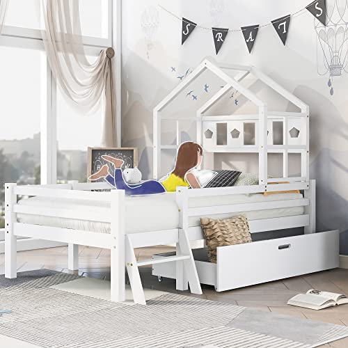 FEZTOY Hausbett Spielbett Kinder Bett, Vielseitiges Kiefernrahmen Kinderbett mit Leiter und Schubladen, Hochbett Massivholz mit Rausfallschutz 90x200cm Weiß