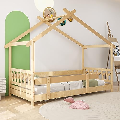 Kayan Schönes Kinderbett 90x190cm, Jugendbett Hausbett mit Rausfallschutz, Massivholz mit Gitter und Lattenrost, Holzbett für Jungen & Mädchen (Natur, 190x90cm)