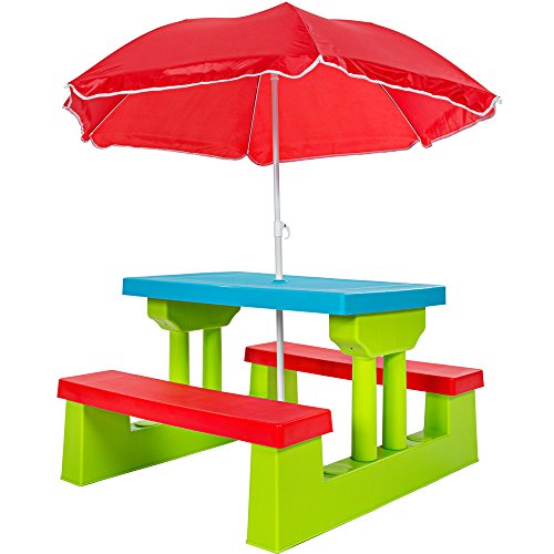 TecTake Kindersitzgruppe für bis zu 4 Kinder inkl. Sonnenschirm 2 Bänke + Tisch