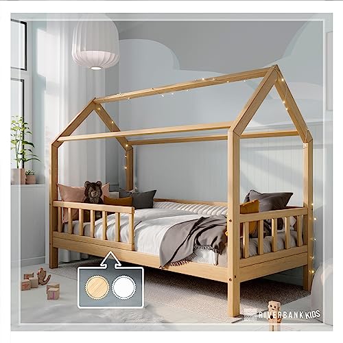 RIVERBANK® Hausbett 90x200 - Kinderbett 90x200 mit Rausfallschutz und Lattenrost - Kiefernholz Montessori Bett - Hausbett für Kinder, Jungen und Mädchen, Kids Bed - Bodenbett 90x200 auf Anfrage