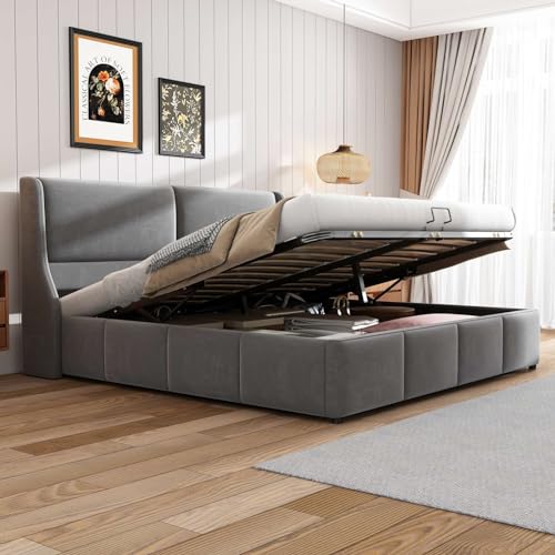 KOMHTOM Doppelbett gepolstert mit Lattenrost aus Holz, Truhe mit Stauraum unter Bett, Bettgestell, Schlafzimmer, Grau (ohne Matratze) (180 x 200 cm)