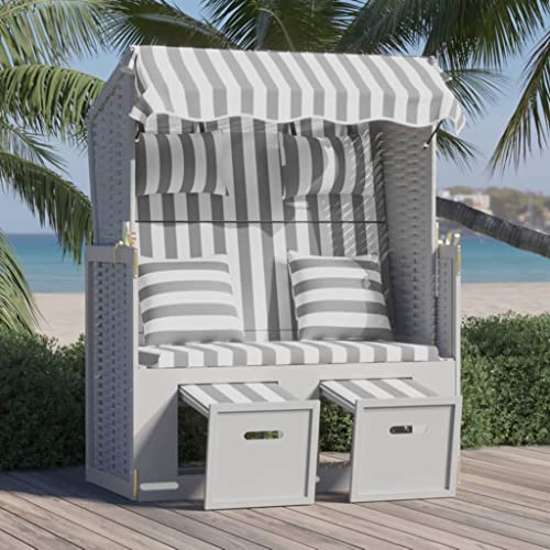 KOIECETA Strandkorb mit Kissen Poly Rattan und Massivholz mit Fußbänkchen 2-Sitzer Sonnenliege Gartenbank (Grau und Weiß)
