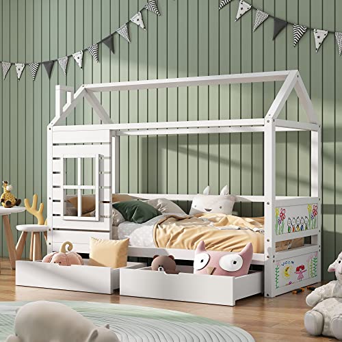 HESHU Massivholz Hausbett 200x90, Kinderbett mit Rausfallschutz, Kinder Bett inklusive Schubladen/Fenster/Latten rost, für Jungen & Mädchen, Ohne Matratze, Weiß