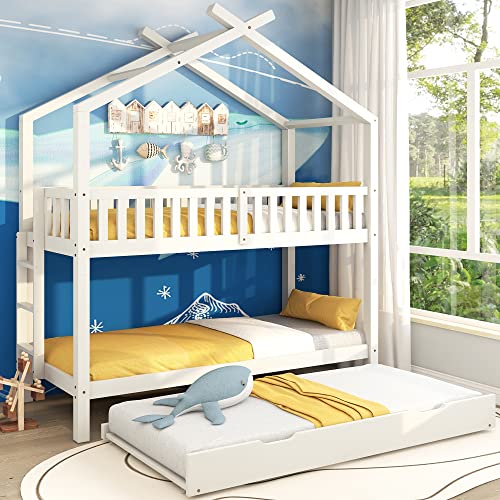 Merax Etagenbett, Holzbett mit Treppe, Kinderbett mit Fallschutz und Gitter, Rahmen aus Kiefer (Weiß Stil 2, 90 * 200cm)