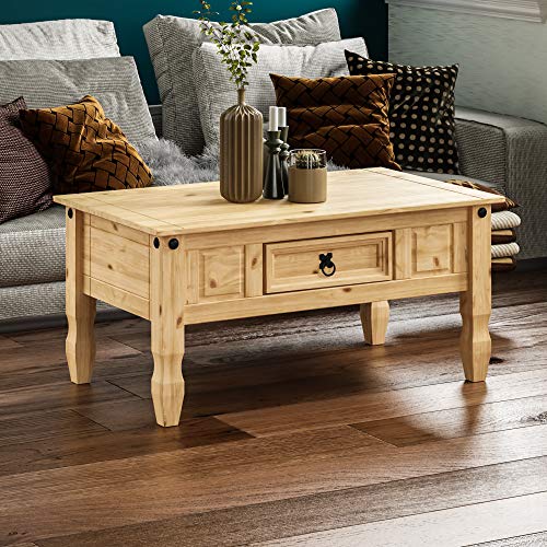 Amazon-Marke: Movian Rechteckig TBC Corona Couchtisch mit Schublade, Distressed Waxed Pine, 56 x 94 x 45 cm, Massivholz, Kiefer