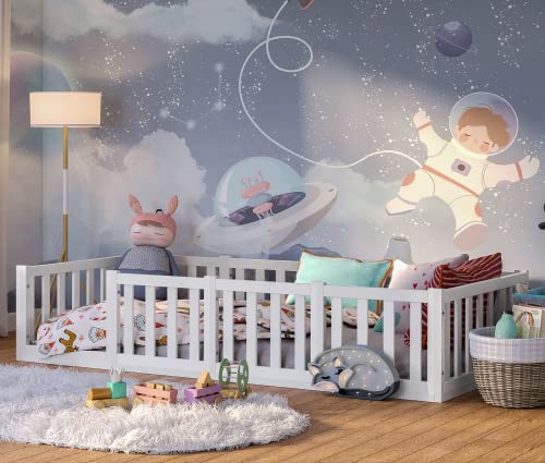 Bellabino Tapi Bodenbett 90 x 200 cm, Montessori Kinderbett für Jungen und Mädchen aus Kiefer Massivholz inkl. Rausfallschutz und Lattenrost weiß lackiert