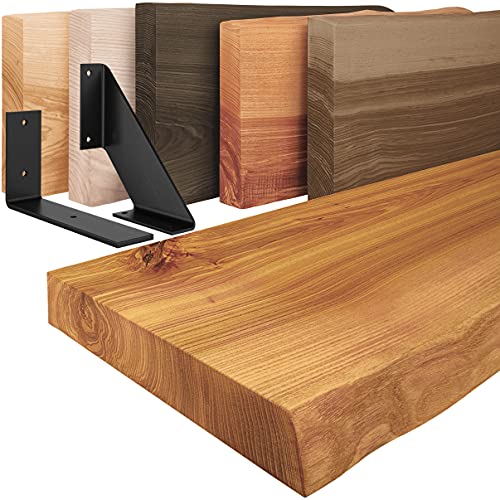 LAMO Manufaktur Wandregal Holz Baumkante | Regal Farbe: Rustikal|mit schwarzem Basic Regalträger|120 cm