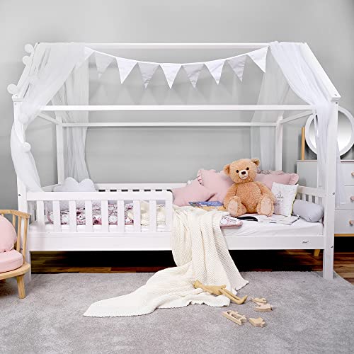 Alcube Hausbett 90x200 cm mit Matratze - 3 bis 12 Jahren - vielseitiges Holz Kinderbett für Jungen & Mädchen - Massivholz Kinder Bett mit Rausfallschutz und Lattenrost Kinderbett 200x90 cm - Weiß