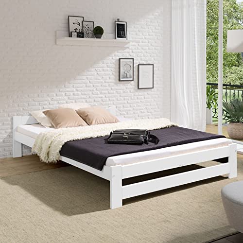 Coemo Massivholzbett Bett 180x200 mit Lattenrost Futonbett Holzbett Holz Kiefer Weiß massiv Bettgestell Einzelbett auch als Kinder- und Jugendbett