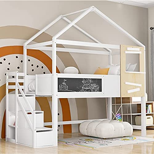 FEZTOY Hochbett mit Treppe & Schubladen, Etagenbett Stockbett mit Rausfallschutz und Lattenrost, Massivholz Kinderbett, Jugendbett, Hausbett, 90x200cm, weiß