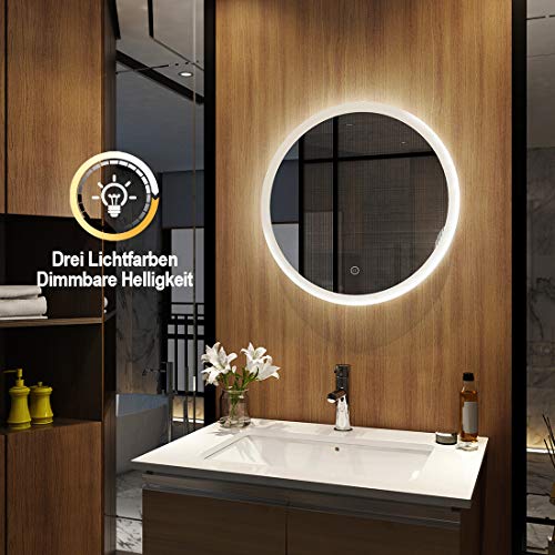 Meykoers Wandspiegel Badezimmerspiegel LED Badspiegel Rund mit Beleuchtung 60cm 3 Lichtfarben Dimmbar Warmweiß/Neutral/Kaltwei ß 3000K 6400K Energieklasse A++