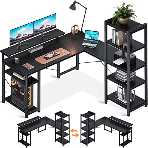 ODK Eckschreibtisch, 140×137 cm Reversibel Computertisch mit Bücherregal, Bürotisch mit Verstellbarem Langen Monitorständer, Schreibtisch L Form für arbeitszimmer und homeoffice, Schwarz