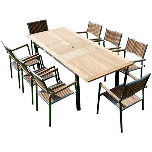 ASS Gartengarnitur Edelstahl Teak Set: Ausziehtisch 160/220 x 90 cm + 8 Teak Sessel A-Grade Teak Holz Serie Kuba Gastroqualität