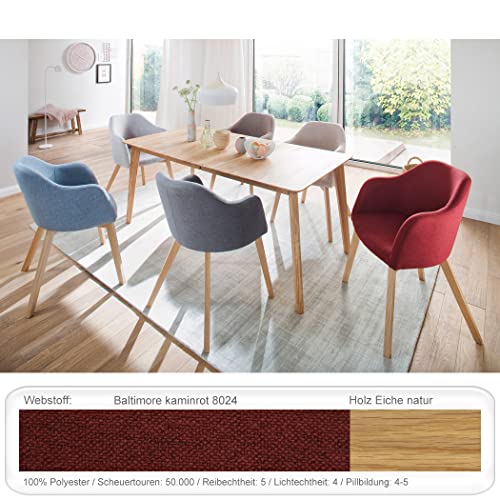 Tischgruppe Ausziehtisch Linao 1XL 160(200) x90 cm Platte A Eiche Natur massiv + Sessel Thado 1 Bezug Webstoff Varianten, Bezugstoff:Baltimore kaminrot, Anzahl Sessel:mit 4 Sesseln