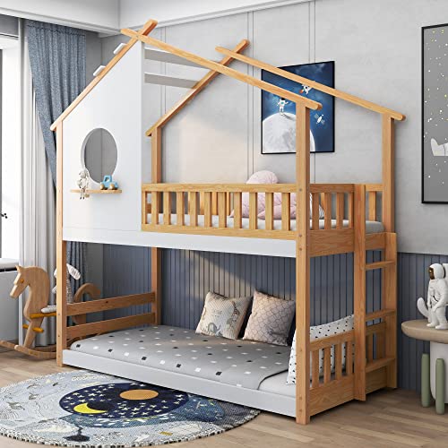 Hausbett Etagenbett mit Treppe & Fenster - Vielseitiges Kiefernrahmen, Kinderbett Spielbett für Jungen & Mädchen - Massivholz Kinder Bett mit Rausfallschutz und Lattenrost - 90x200 cm, Holzfarbe