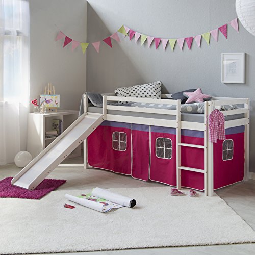 Homestyle4u 540, Kinderbett 90x200 cm Weiß Holz Kiefer Kinder Hochbett mit Rutsche Vorhang Pink